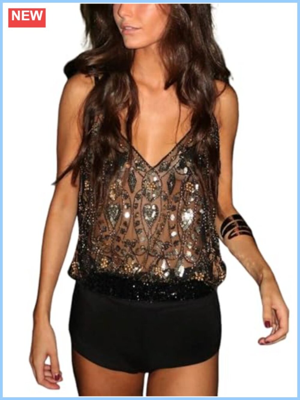 Women's Sequin Beaded Sheer Mesh V-Neck Tank Top Sleeveless Party Rave Club